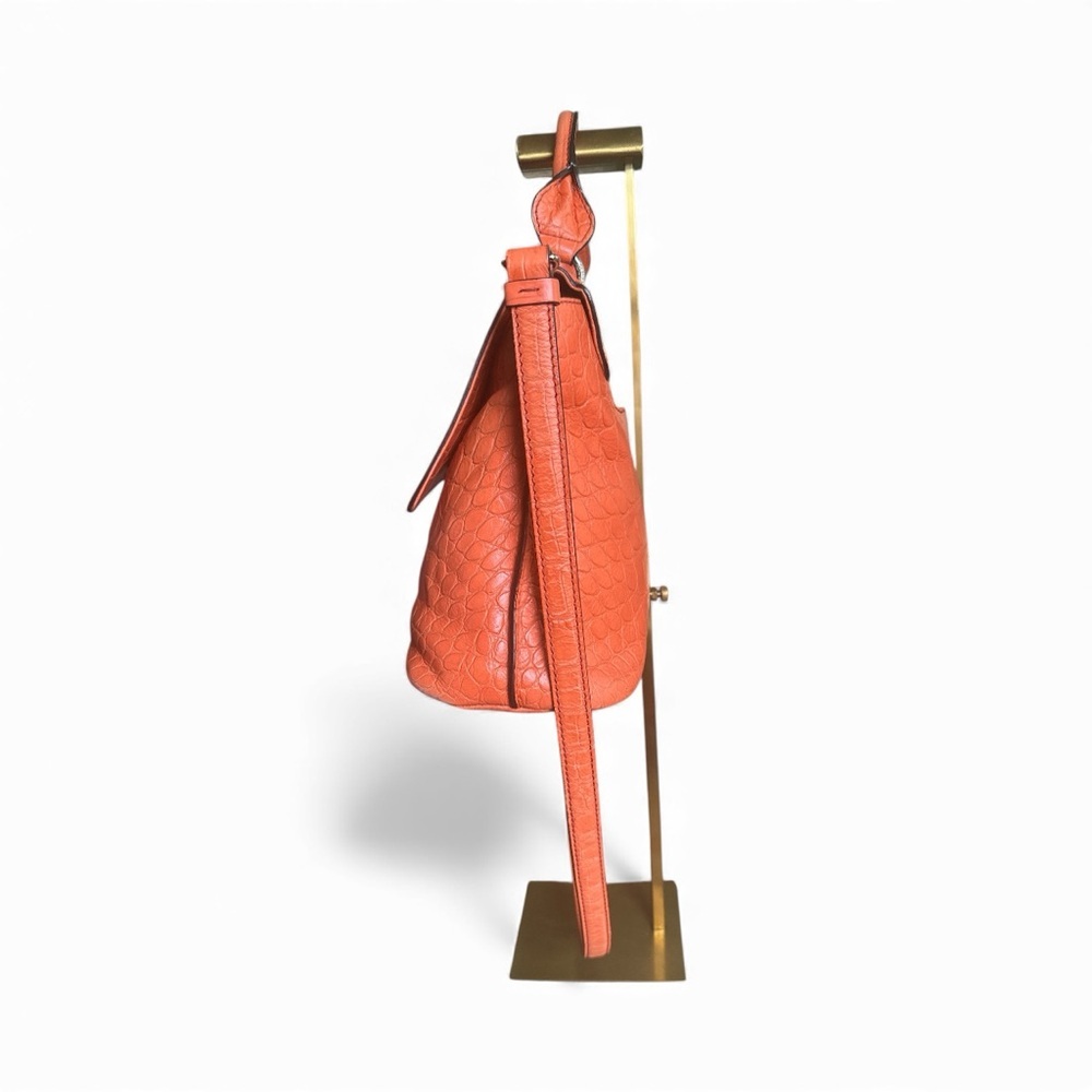 MCM Mode Travia Croc Embossed Leather Satchel Coral Orange Crossbody - Picture 11 of 17